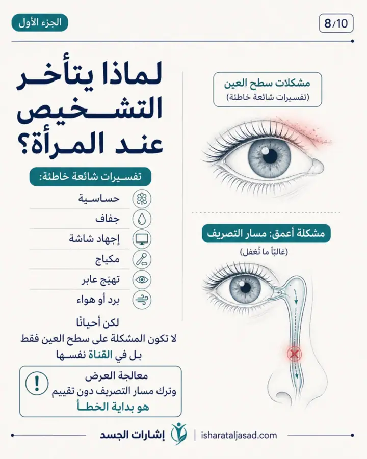الشريحة 8 من 10: انسداد القناة الدمعية عند المرأة ليس دائمًا “حساسية” أو “جفاف”