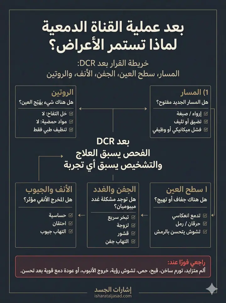 الشريحة 1 من 1: بعد عملية القناة الدمعية، استمرار الدمع أو الحرقان أو الجفاف لا يعني دائمًا أن العملية فشلت