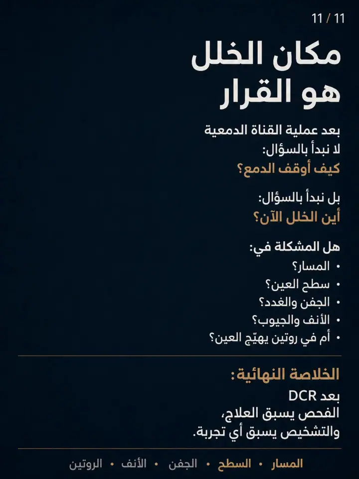الشريحة 9 من 11: بعد عملية القناة الدمعية، استمرار الدمع أو الحرقان أو الجفاف لا يعني دائمًا أن العملية فشلت