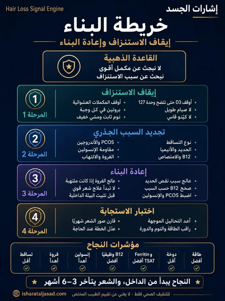 الشريحة 2 من 2: تساقط الشعر المستمر رغم الحمية والمكملات لا يعني دائمًا أن الحل هو جرعة أكبر أو حمية أقسى