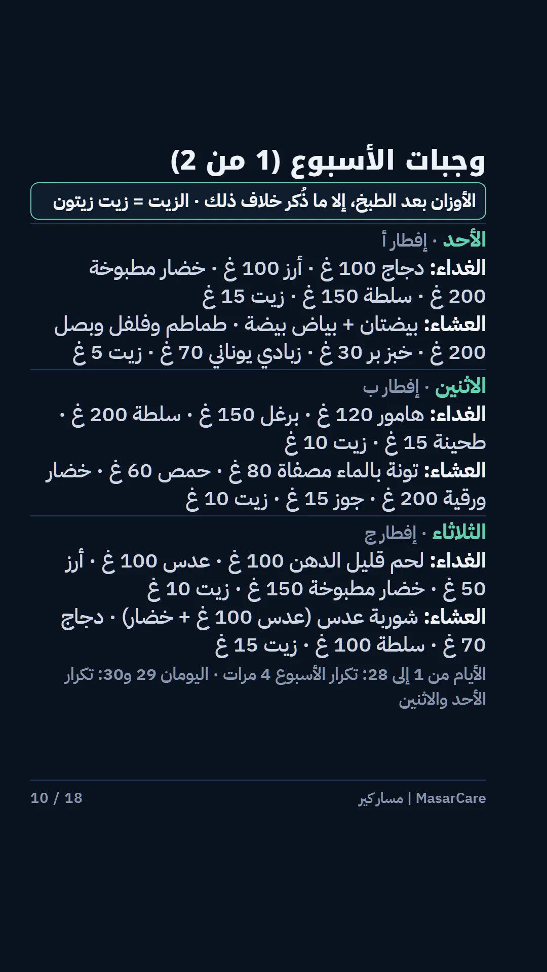 وجبات الأحد والاثنين والثلاثاء