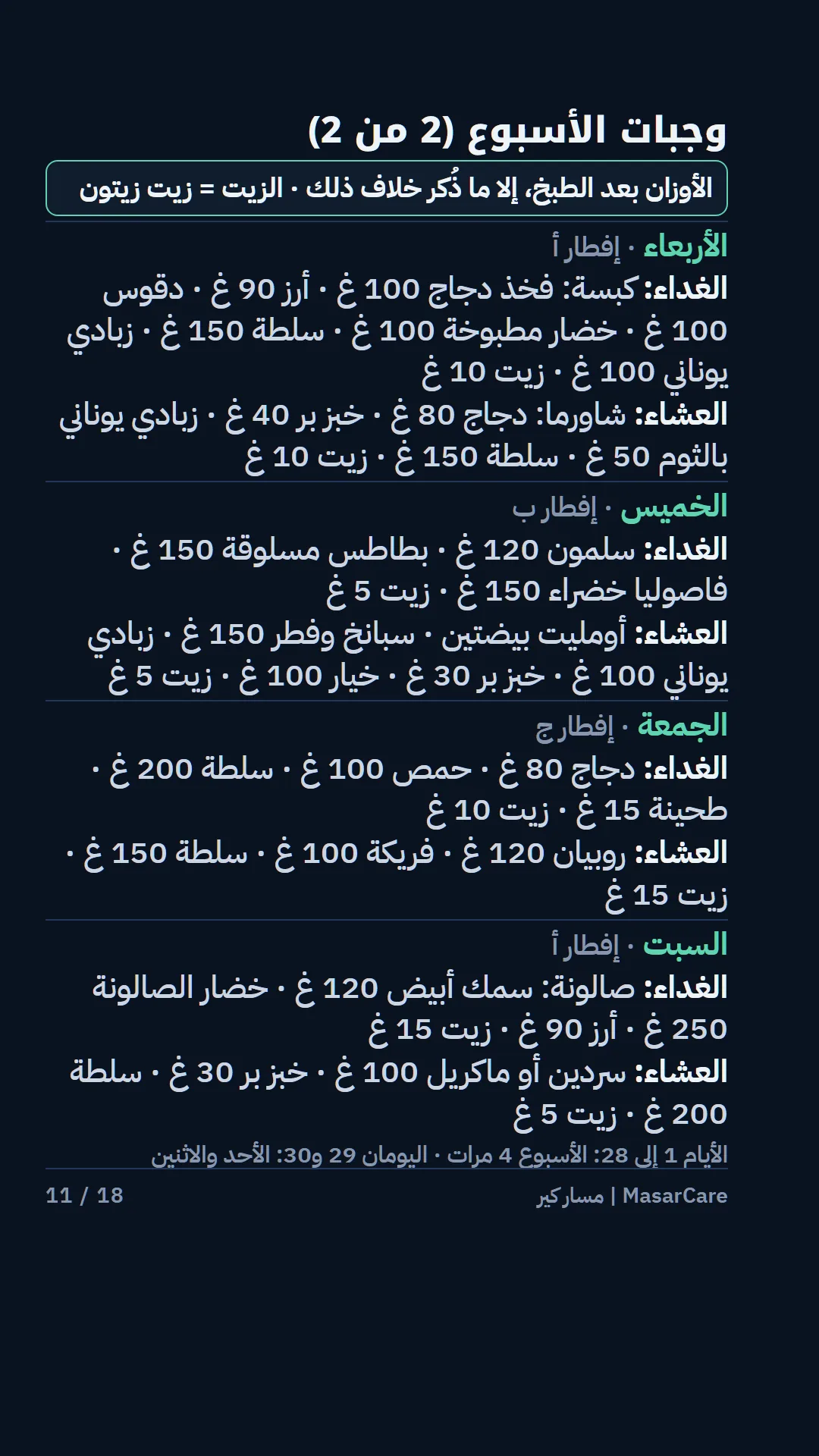 وجبات الأربعاء إلى السبت